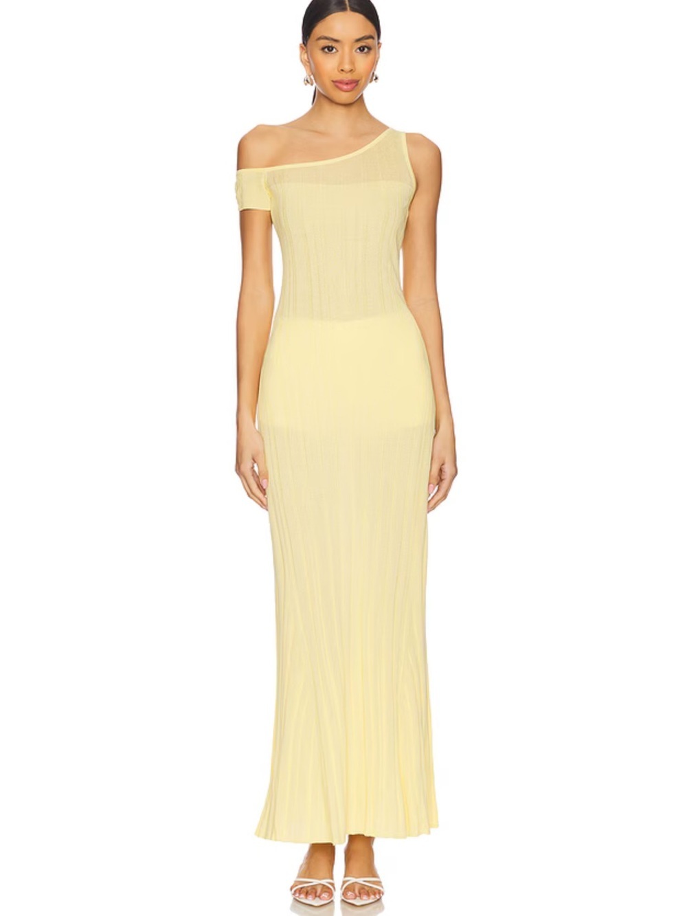 AFRM Hoda Maxi Dress Buttercup One-Shoulder Lemon Yellow rib knit Revolve XS